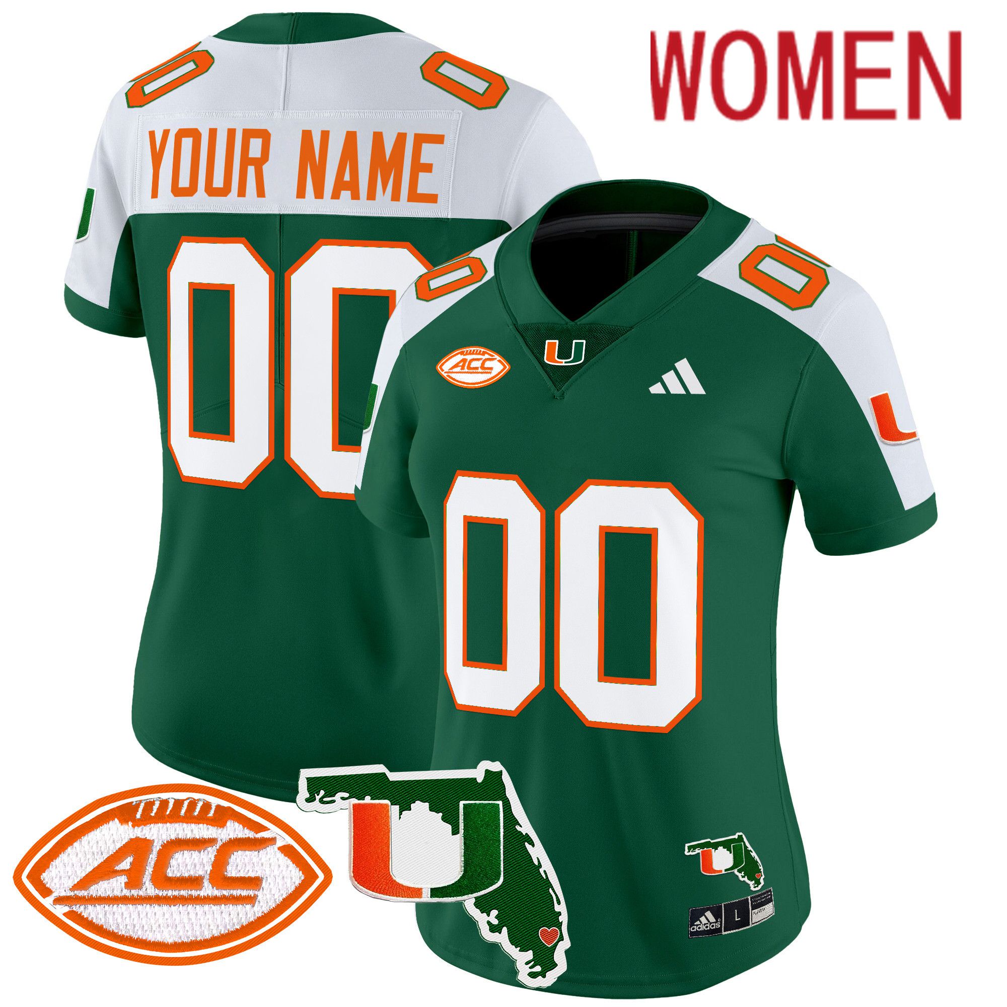 Women Miami Hurricanes Green 2024 Florida Patch Vapor Limited Custom NCAA Jersey style 1->customized ncaa jersey->Custom Jersey